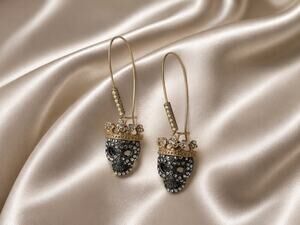 Skull Crown Earrings Gothic Retro Gold CZ Silver Museum Hook Statement VTG Boho